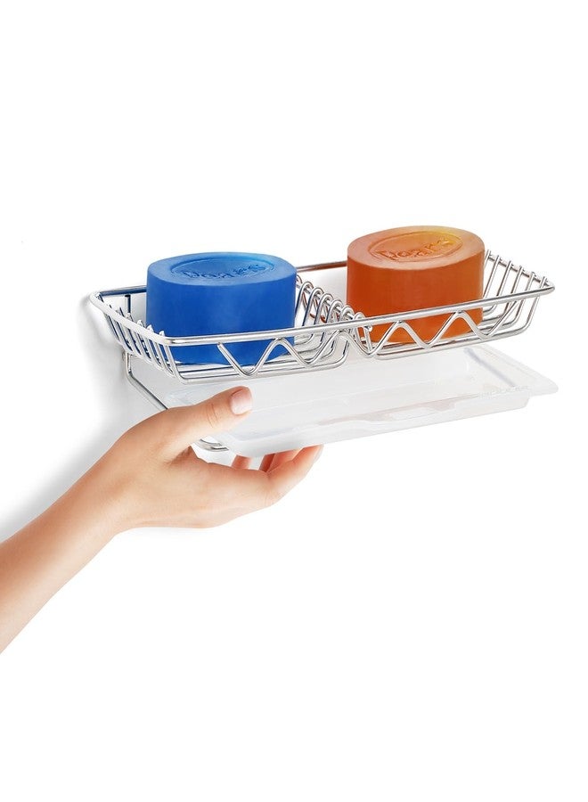 Xacton Stainless Steel Double Soap Holder with Drain Tray I Square Shape Self Adhesive Wall Mounting Soap Dish I Anti Rust Stand for Bathroom Accessories Kitchen Sink - 24 x 9 x 4.5 CM - Image 3